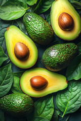 Wall Mural - Ripe avocados, halved, flat lay, top view.
