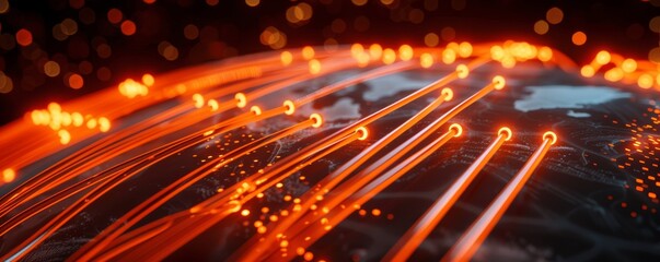 Poster - 3D rendering of the earth with glowing orange fiber optic cables connecting the whole world, representing the global network concept. Glowing lines and light effects on a dark background