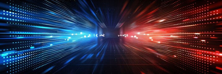 Abstract concept design with vibrant blue and red lights illuminating a digital dots pattern on a dark background, symbolizing advanced technology and innovation