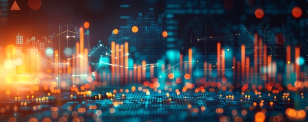 Aufkleber - Business graph and financial chart with glowing data on blue background, AI technology concept. Big Game stock market or online trading business background with orange light bokeh effect