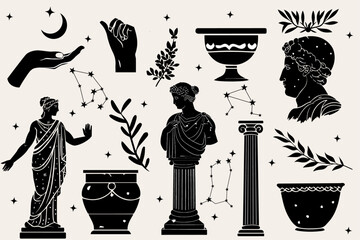 Antique aesthetics statues of mystical god, olive branches, ruined columns and pottery. Vector illustrations of antique statues in trendy bohemian style. For poster design, wall, pattern, collage