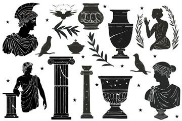 Antique aesthetics statues of mystical god, olive branches, ruined columns and pottery. Vector  illustrations of antique statues in trendy bohemian style. For poster design, wall, pattern, collage.