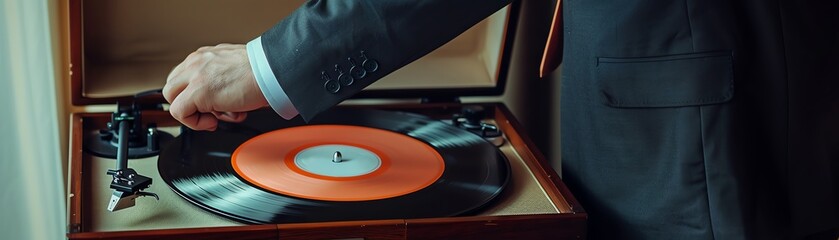 A man in a suit is carefully placing a record on a turntable. He is focused on the task and looks like he is enjoying the music. The turntable is made of wood and has a classic look.