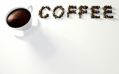 Wall Mural - Coffee beans arranged in letters and fresh coffee in a white mug on a white background. Popular caffeine drink. 3d rendering