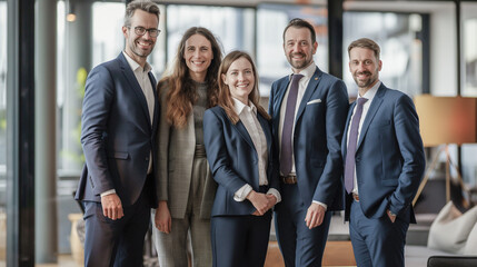 Diverse team of business professionals standing together in a modern office, dressed in formal business attire, smiling confidently. teamwork and success concept