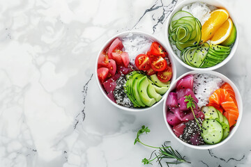 top view colorful and healthy poke bowls with fresh vegetables and seafood on marble background
