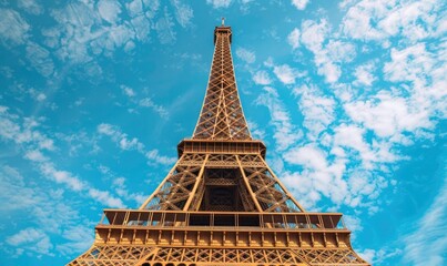 Eiffel Tower with a blue sky background in a front view