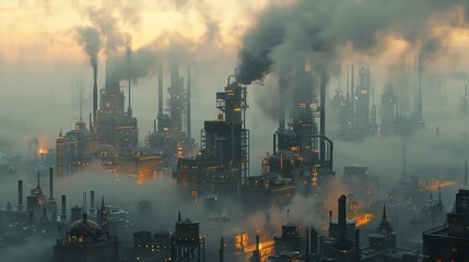 A dark and gloomy cityscape with a large factory in the center. The factory is surrounded by tall buildings and the air is thick with smoke.