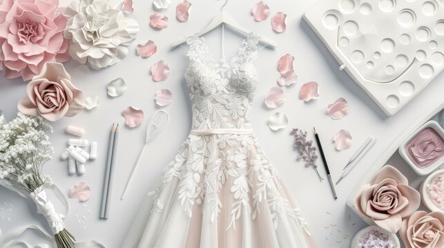 Wedding dress fitting flat design top view bridal fashion theme water color Monochromatic Color Scheme