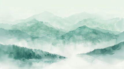 Wall Mural - Mountain and forest water color light green background . Natural background