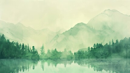 Wall Mural - mountain and forest water color light green background . natural background