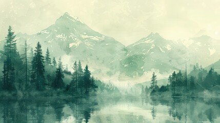 Wall Mural - Mountain and forest water color light green background . Natural background