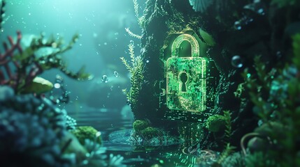 Magical underwater scene with a glowing lock embedded in a tree, surrounded by vibrant aquatic plants.