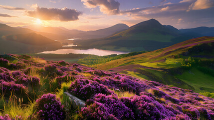 Wall Mural - sunset over scottish highlands landscape with purple heather blooms green rolling hills lochs leading to distant mountains beauty 