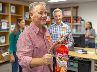 A man is holding a fire extinguisher and smiling. There are other people in the background, some of them are wearing orange shirts