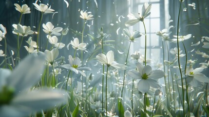 Wall Mural - White flowers and petals grow and floating in the air in a room inside the house Fragrance concept of fabric softener
