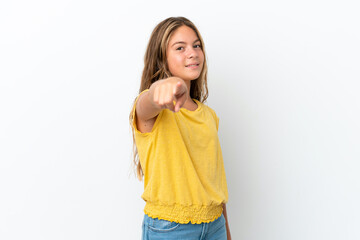 Wall Mural - Little caucasian girl isolated on white background pointing front with happy expression