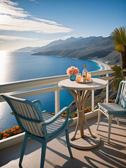 Wall Mural - Stunning Balcony with Oceanview and Refreshments Overlooking a Beautiful Coastline on a Sunny Day