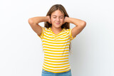 Fototapeta Na drzwi - Little caucasian girl isolated on white background frustrated and covering ears