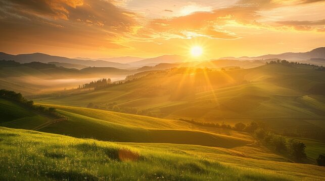 a breathtaking sunrise over a tranquil countryside landscape, with golden light illuminating the rol