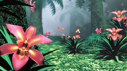 Wall Mural - Orchid Paradise: The Exotic Beauty of Jungle Flowers - Visualize a scene where orchids bloom in abundance, their intricate and colorful flowers adding a touch of exotic beauty to the dense jungle land