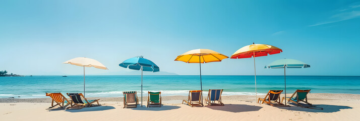 Wall Mural - Summer Chairs and umbrellas on tropical sea and beach with blue sky background.