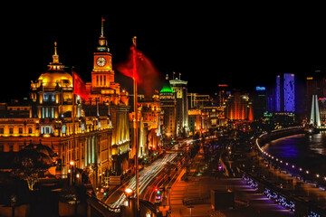 Wall Mural - Shanghai Bund at Night China Flags Cars