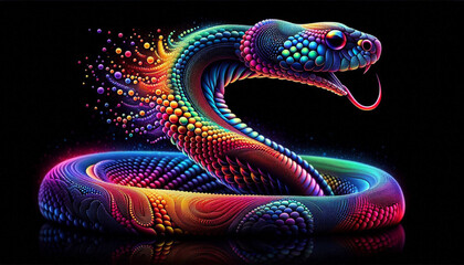 Abstract neon rainbow splatter snake anaconda on a contrasting dark background image