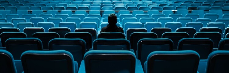 one man sitting in empty cinema or theater auditorium