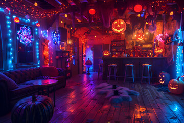 Poster - A room decorated for a Halloween party with eerie lights, props, and festive decorations