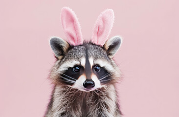Poster - portrait of a cute Raccoon wearing cute bunny ears, studio shot against a single pastel color background