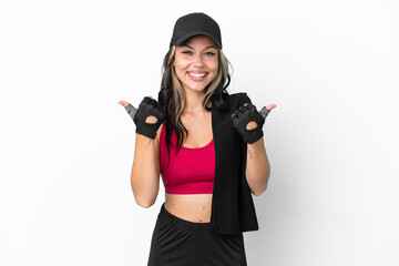 Wall Mural - Sport Russian girl with hat and towel isolated on white background with thumbs up gesture and smiling