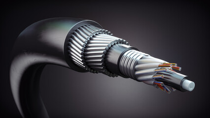 Leinwandbilder - Armoured submarine fiber optic cable structure on black background.