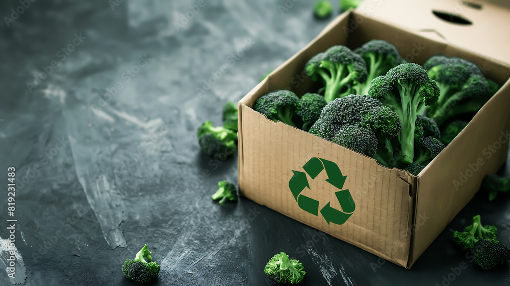 Fresh broccoli with a green recycle symbol imprinted on box ...