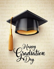 Poster - Happy Graduation Day Card - Marketing Post for Graduation - Students Finishing College Succesfully - Greetings Card for University Students Congratulations - University Hat and Festivity