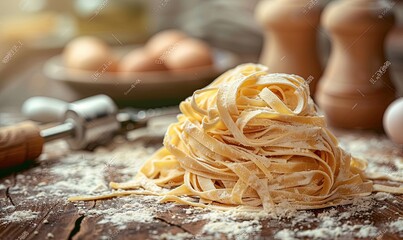 Canvas Print - Image of raw homemade tagliatelle pasta on a flour sprinkled surface with eggs