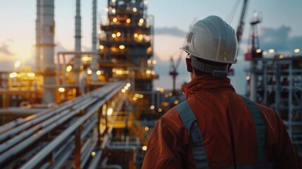 A man wearing a hard hat looking at a factory. Suitable for industrial concepts