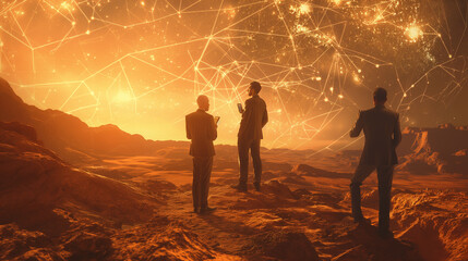 Wall Mural - three men standing in a desert with a starry sky above them