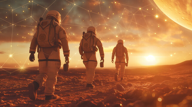 three astronauts are walking on a planet with a sun in the background