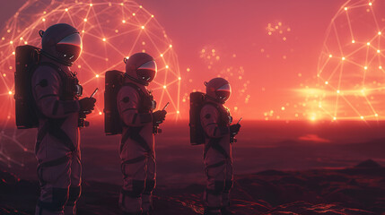 Wall Mural - three astronauts are standing on a planet, looking at their phones