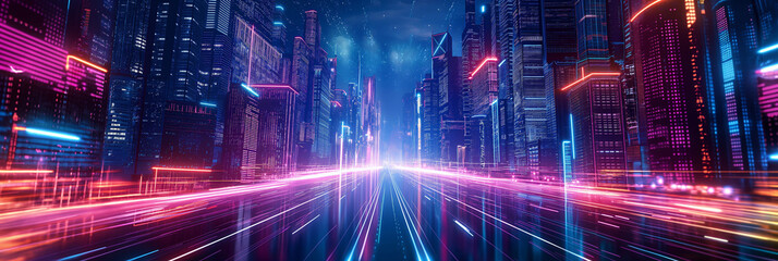 Wall Mural - A cityscape with neon lights and a bright blue sky