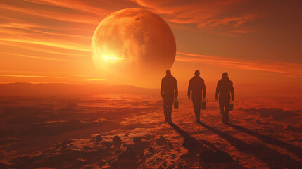 Wall Mural - three astronauts are walking across a desert planet
