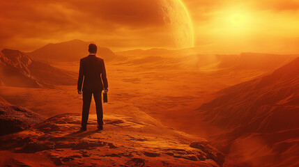 Wall Mural - three astronauts are walking across a desert planet