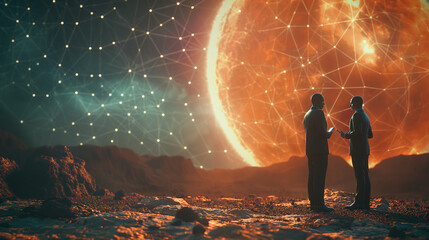 Wall Mural - three astronauts are walking across a desert planet