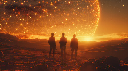 Wall Mural - three astronauts are walking across a desert planet