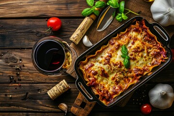 Wall Mural - A casserole dish filled with garlic and tomatoes placed on a wooden table