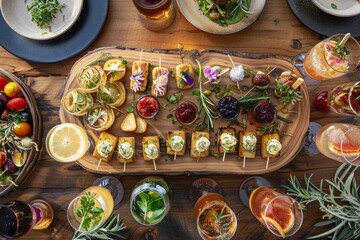Wall Mural - A variety of simple appetizers elegantly arranged on plates on a rustic wooden table