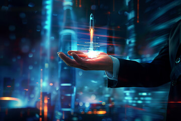 On a high-tech digital interface floor, a businessman gestures dynamically