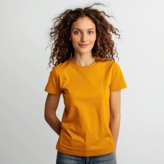 Wall Mural - Mustard t-shirt with a round neckline, solid color, white background