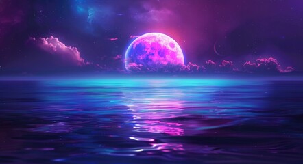 Wall Mural - Space Landscape. Modern Futuristic Neon Abstract Background with Large Object in the Center